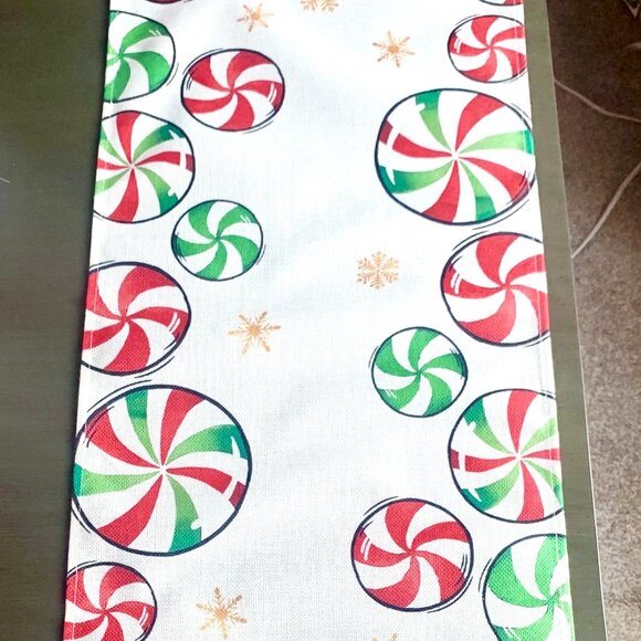 Whimsical Christmas Red Green Peppermint Candy Gold Snowflakes 72" Table Runner - Picture 2 of 4